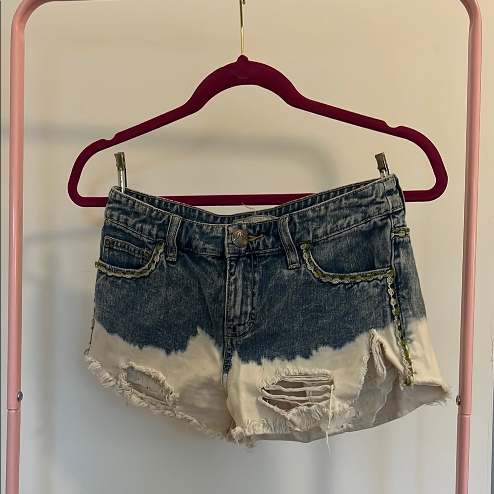 Free people Blue and Cream Distressed Jean Shorts with Raw-Edge Hem